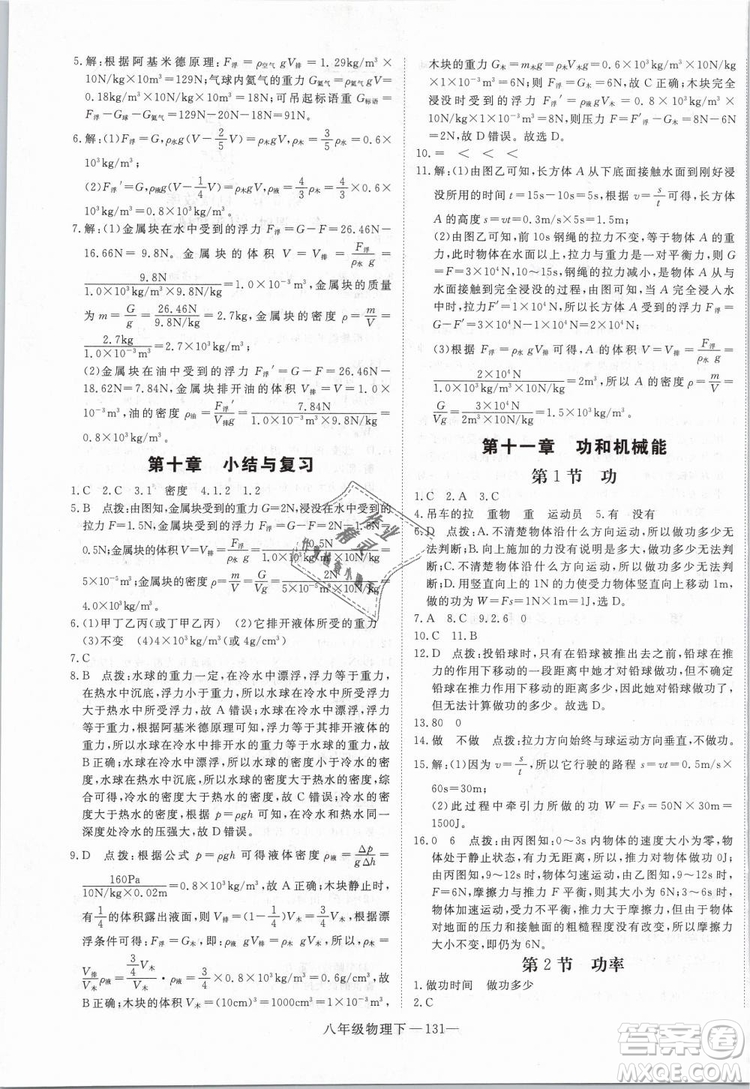 2019年優(yōu)翼學(xué)練優(yōu)學(xué)科思維訓(xùn)練法八年級物理下冊RJ人教版參考答案