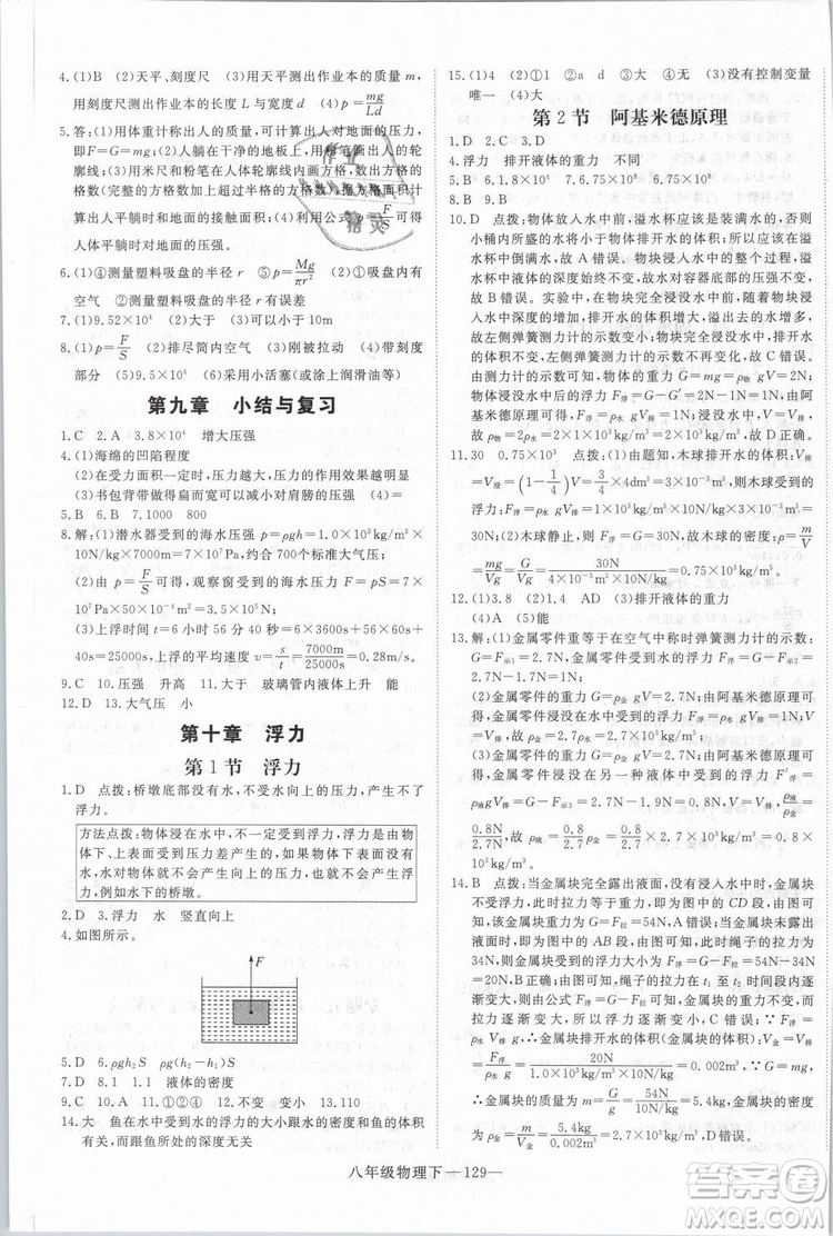 2019年優(yōu)翼學(xué)練優(yōu)學(xué)科思維訓(xùn)練法八年級物理下冊RJ人教版參考答案