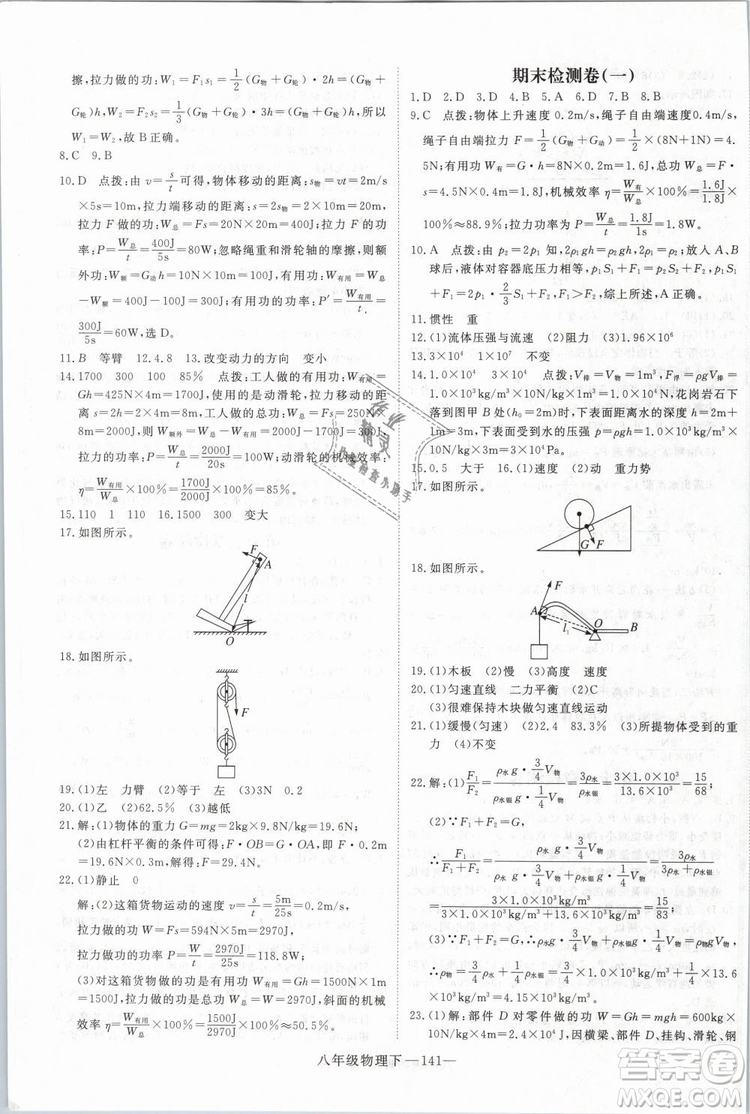 2019年優(yōu)翼學(xué)練優(yōu)學(xué)科思維訓(xùn)練法八年級物理下冊RJ人教版參考答案