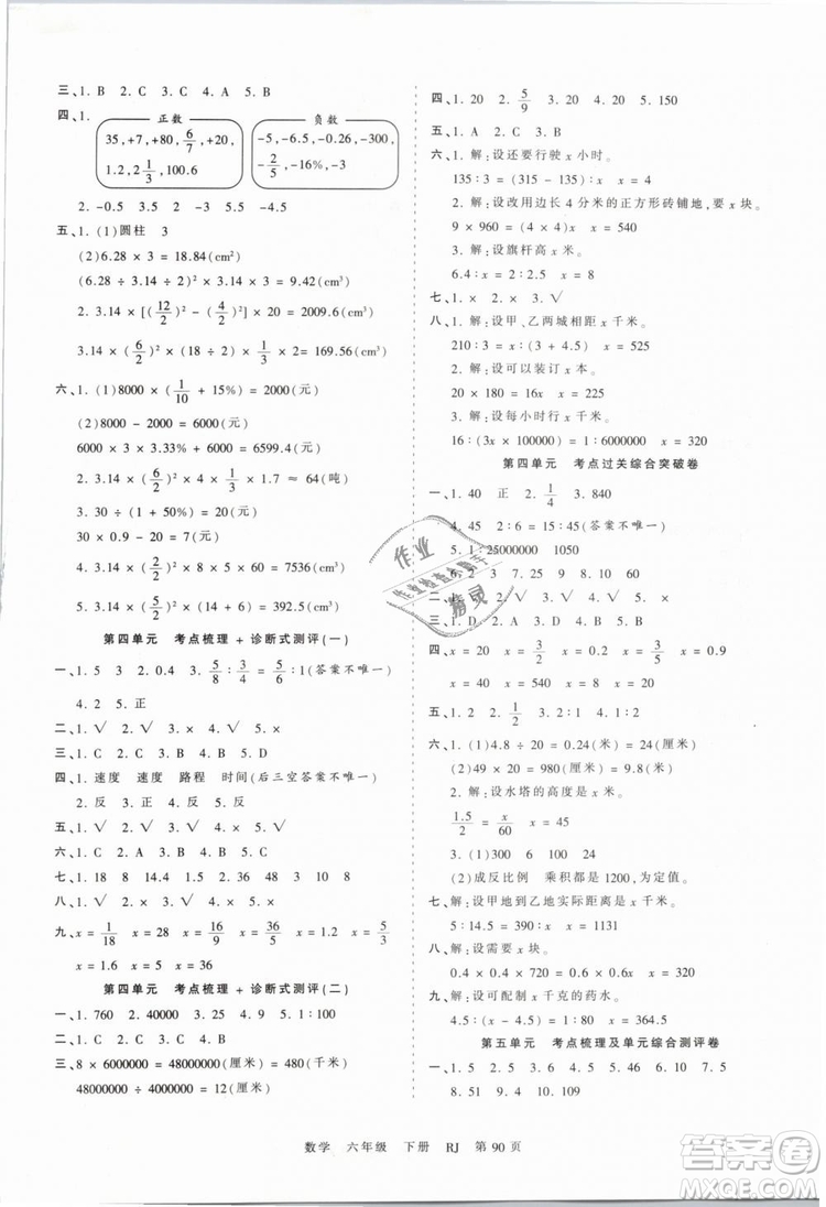 2019年人教版王朝霞考點梳理時習卷六年級數學下冊參考答案