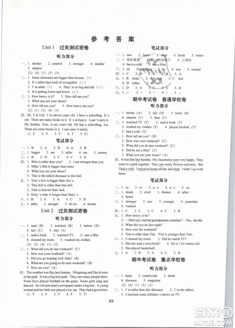 2019年期末沖刺100分完全試卷六年級英語下冊人教PEP全新版參考答案