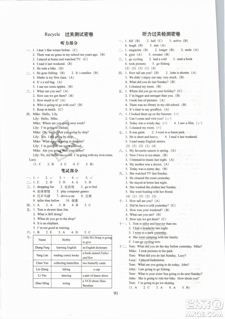 2019年期末沖刺100分完全試卷六年級英語下冊人教PEP全新版參考答案
