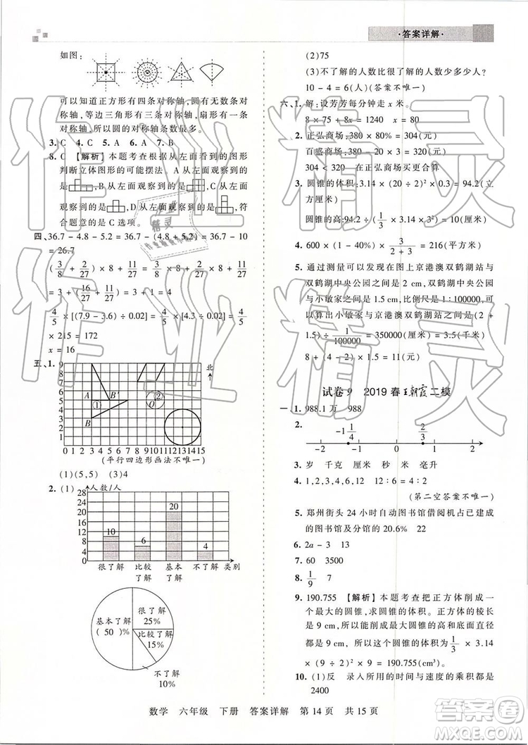 2019年王朝霞期末真題精編六年級(jí)數(shù)學(xué)下冊(cè)人教版鄭州都市版參考答案