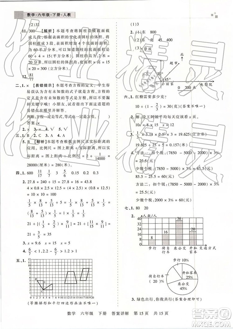 2019年王朝霞期末真題精編六年級(jí)數(shù)學(xué)下冊(cè)人教版鄭州都市版參考答案