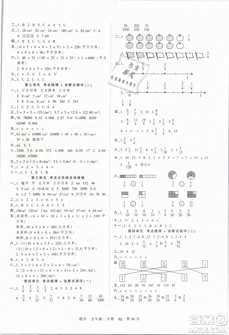 2019年王朝霞考點(diǎn)梳理時(shí)習(xí)卷五年級(jí)數(shù)學(xué)下冊(cè)人教版參考答案