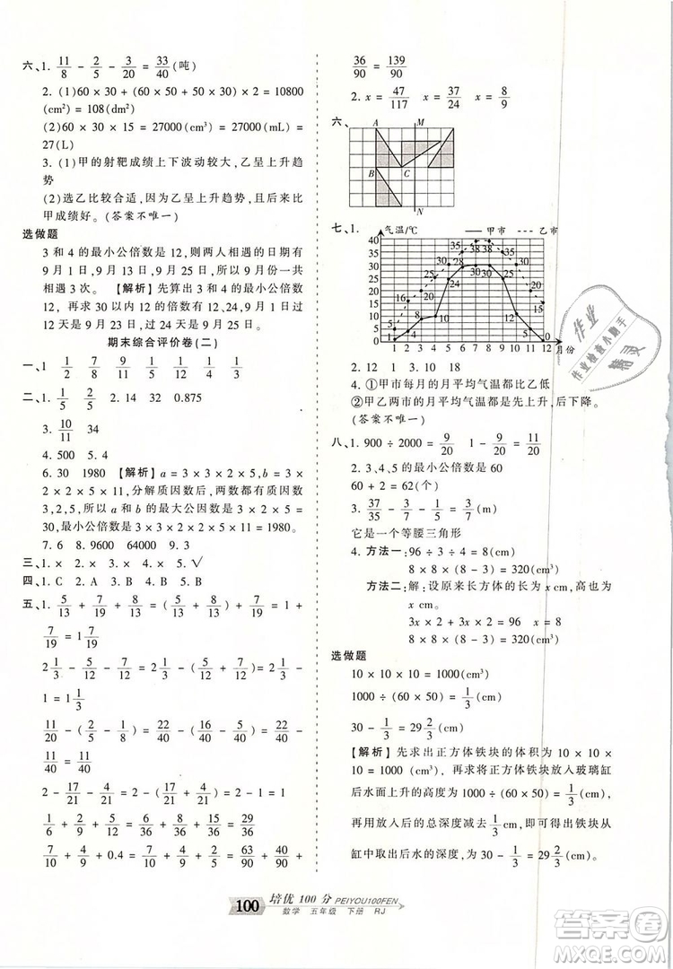 2019年王朝霞培優(yōu)100分五年級數(shù)學(xué)下冊人教版參考答案