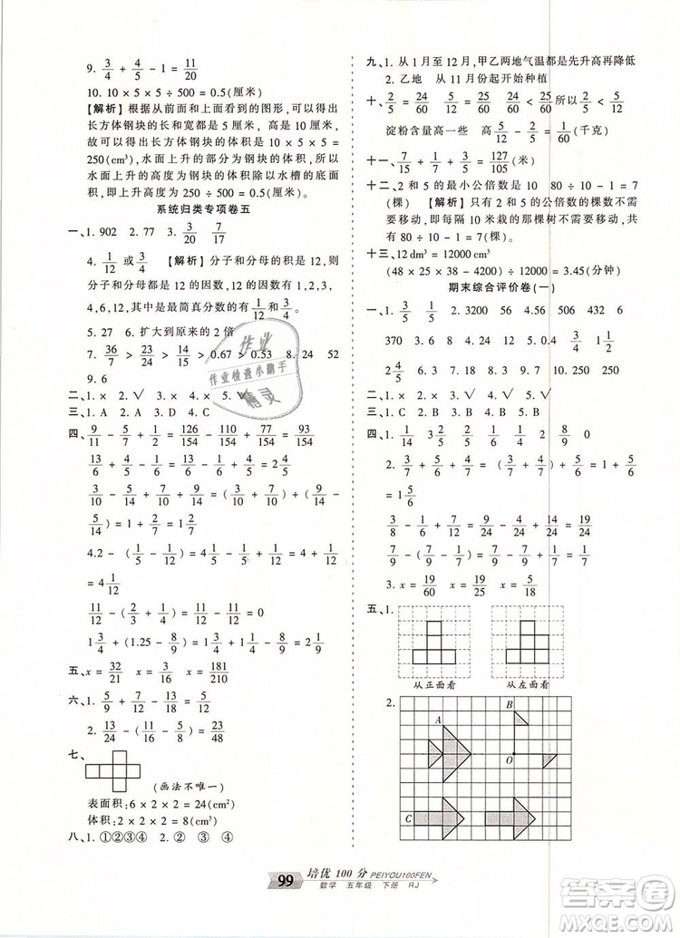 2019年王朝霞培優(yōu)100分五年級數(shù)學(xué)下冊人教版參考答案