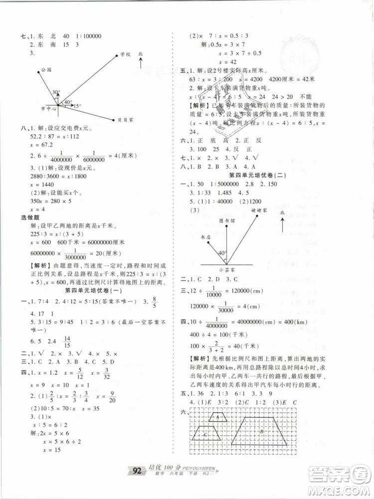 2019年王朝霞培優(yōu)100分六年級數(shù)學下冊人教版參考答案