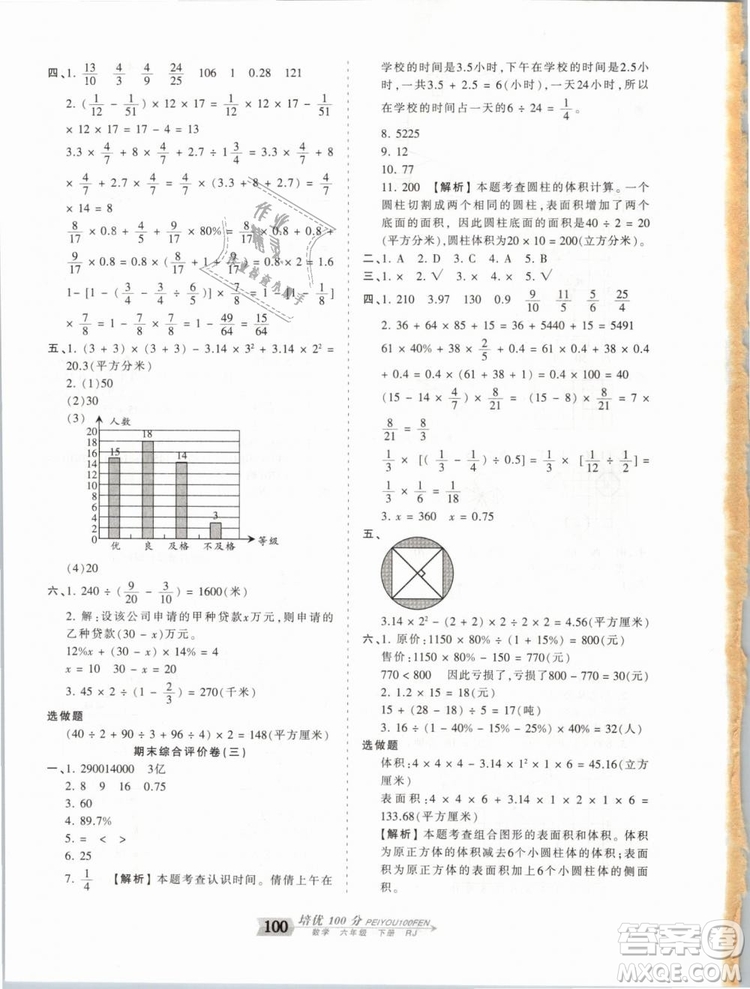 2019年王朝霞培優(yōu)100分六年級數(shù)學下冊人教版參考答案
