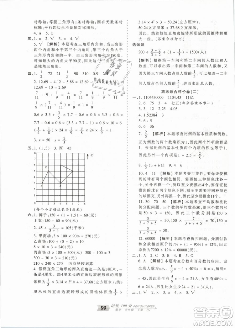 2019年王朝霞培優(yōu)100分六年級數(shù)學下冊人教版參考答案