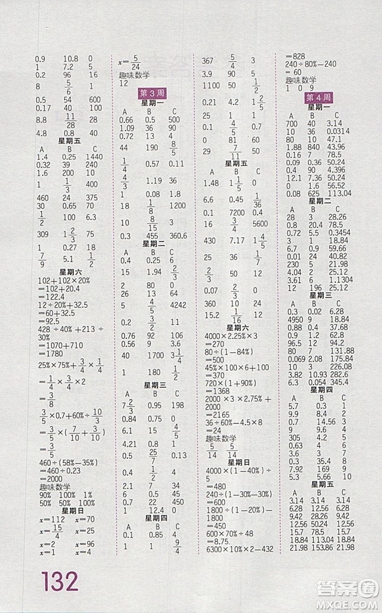 2019年王朝霞口算小達(dá)人六年級(jí)下冊人教版參考答案