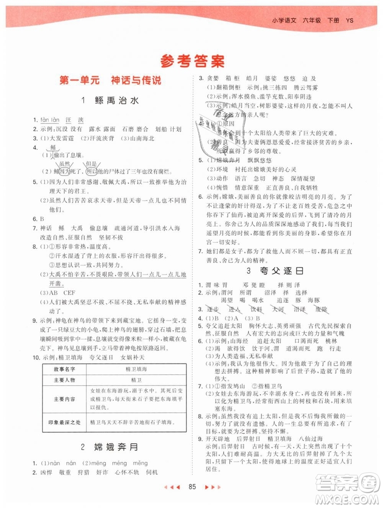 曲一線2019年53天天練小學(xué)語(yǔ)文六年級(jí)下冊(cè)YS語(yǔ)文S版參考答案