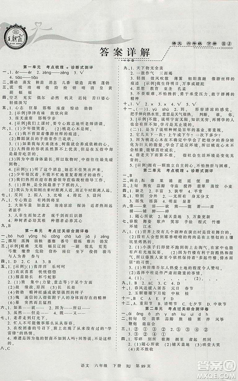 2019年人教版王朝霞考點(diǎn)梳理時(shí)習(xí)卷六年級語文下冊參考答案