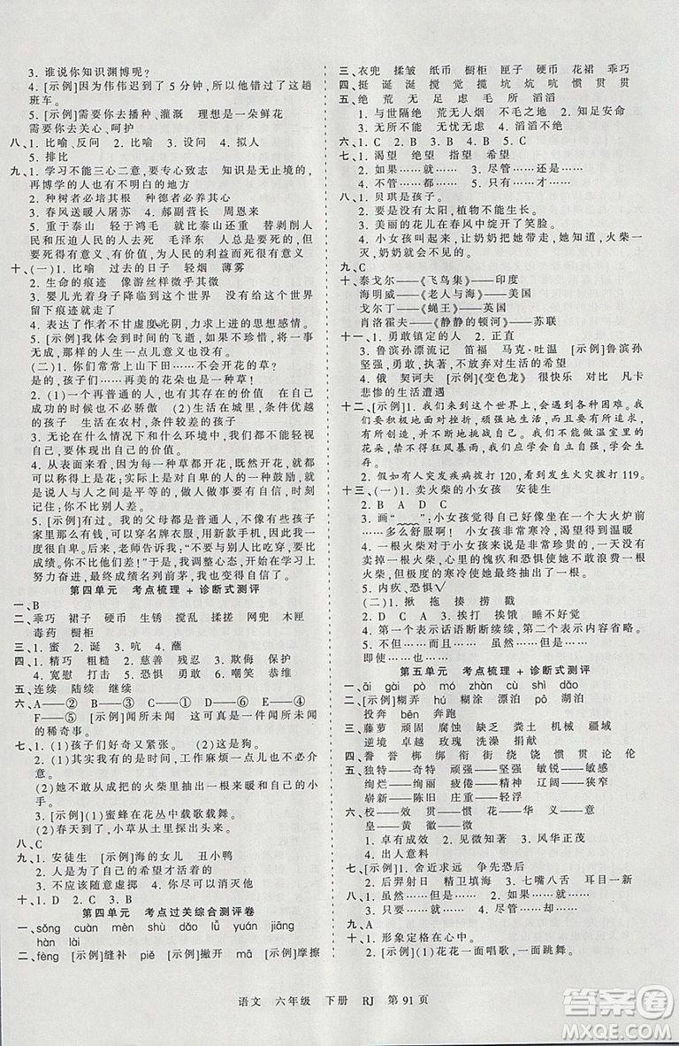2019年人教版王朝霞考點(diǎn)梳理時(shí)習(xí)卷六年級語文下冊參考答案