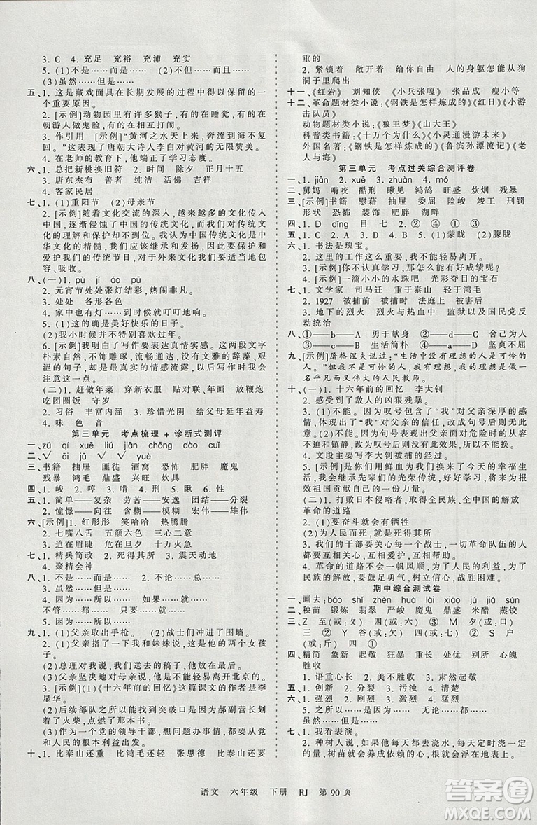 2019年人教版王朝霞考點(diǎn)梳理時(shí)習(xí)卷六年級語文下冊參考答案