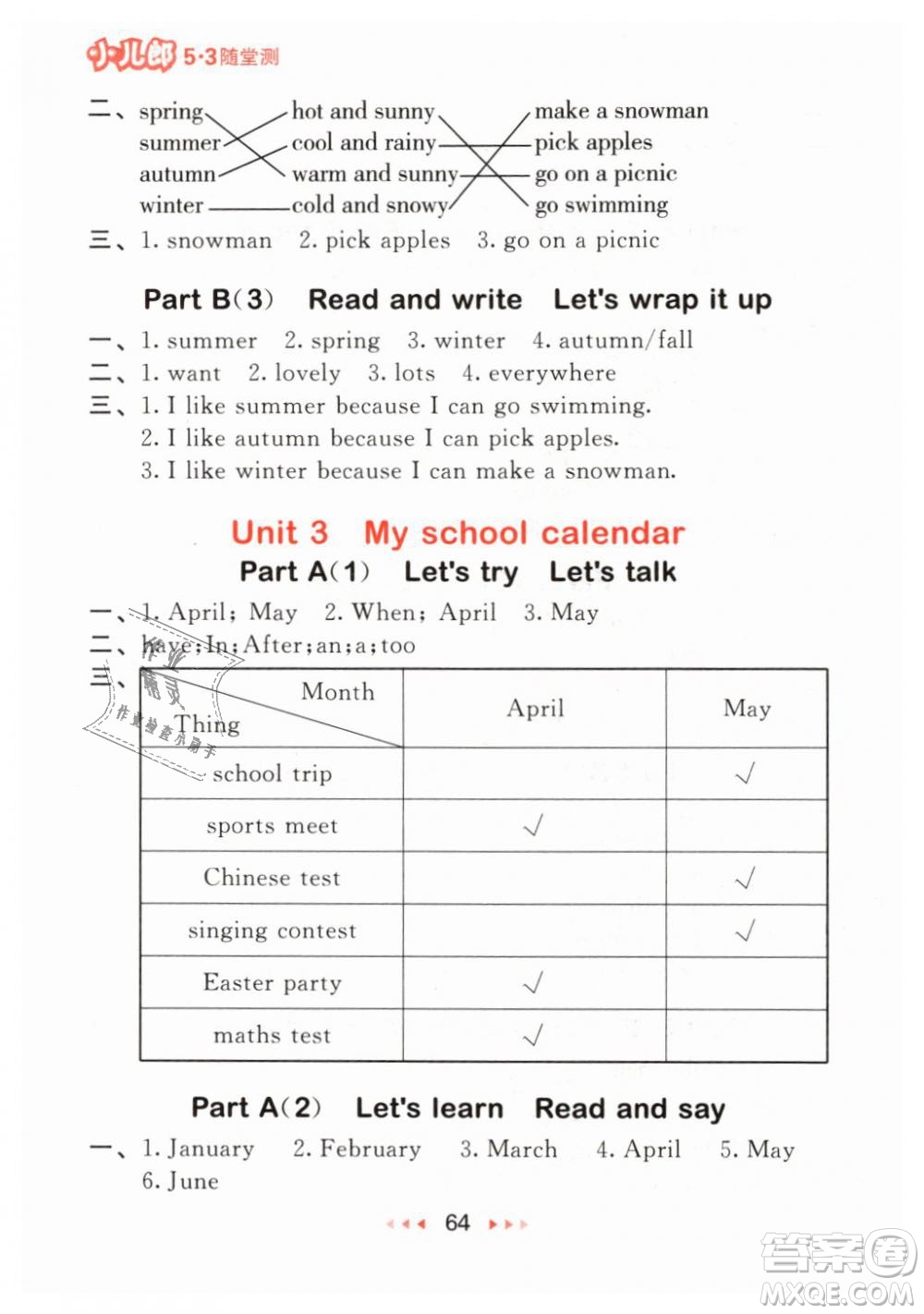 2019年小兒郎53隨堂測小學(xué)英語五年級下冊人教RP版參考答案