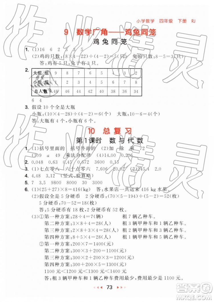 2019年小兒郎53隨堂測四年級下冊數學RJ人教版參考答案