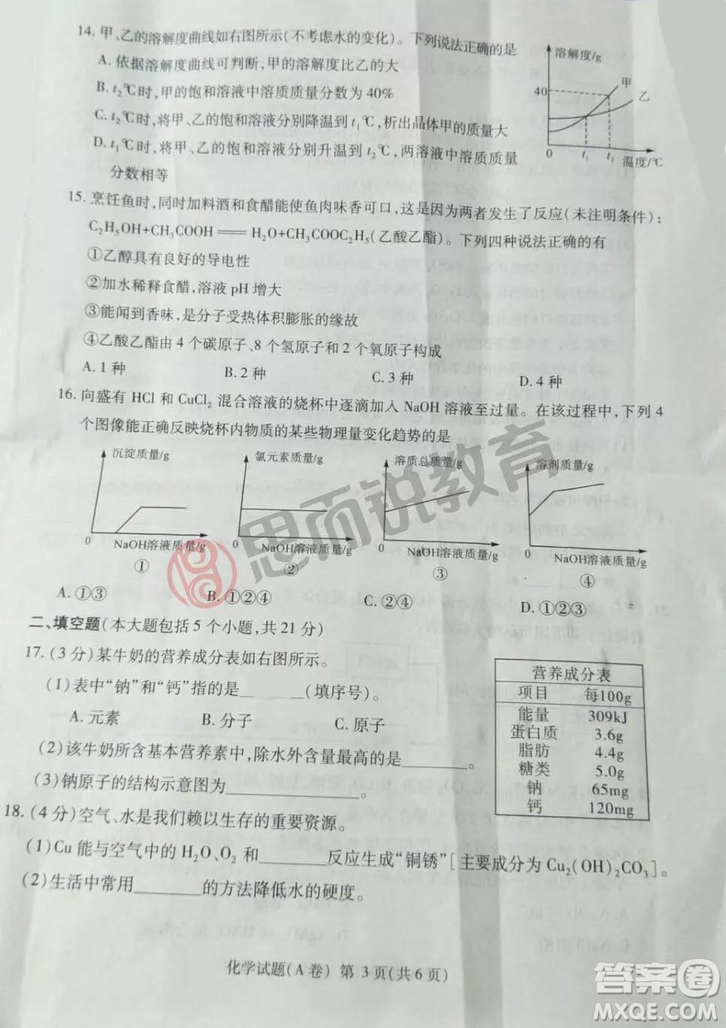 2019重慶市中考化學(xué)A、B卷試題及答案解析