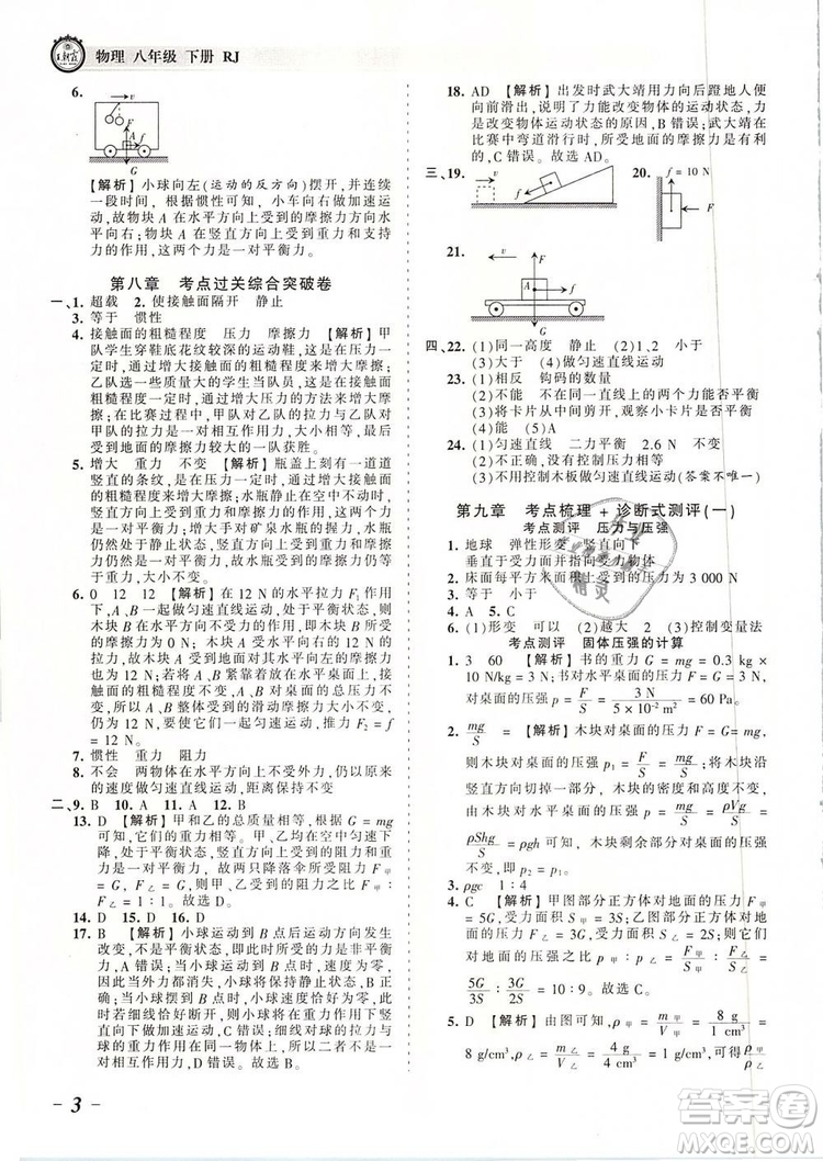 2019年王朝霞考點(diǎn)梳理時(shí)習(xí)卷八年級物理下冊人教版參考答案