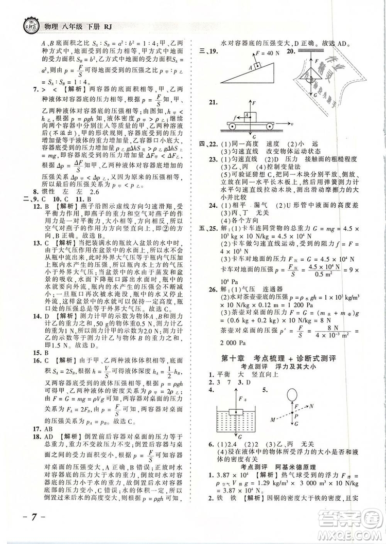 2019年王朝霞考點(diǎn)梳理時(shí)習(xí)卷八年級物理下冊人教版參考答案