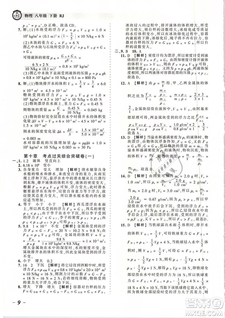 2019年王朝霞考點(diǎn)梳理時(shí)習(xí)卷八年級物理下冊人教版參考答案