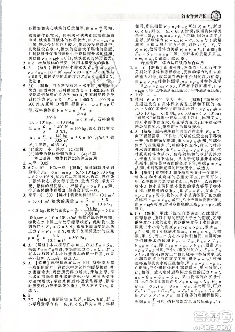 2019年王朝霞考點(diǎn)梳理時(shí)習(xí)卷八年級物理下冊人教版參考答案