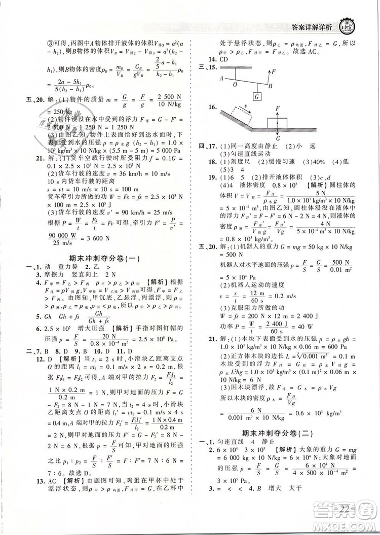 2019年王朝霞考點(diǎn)梳理時(shí)習(xí)卷八年級物理下冊人教版參考答案