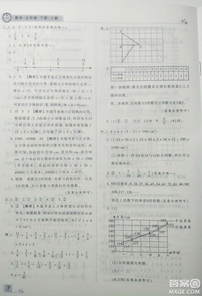 2019年王朝霞期末真題精編五年級(jí)數(shù)學(xué)下冊(cè)人教版參考答案