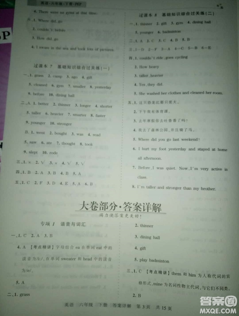 2019年王朝霞期末真題精編六年級(jí)英語下冊(cè)人教PEP版參考答案