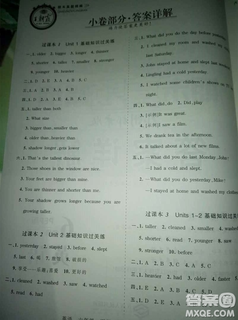 2019年王朝霞期末真題精編六年級(jí)英語下冊(cè)人教PEP版參考答案