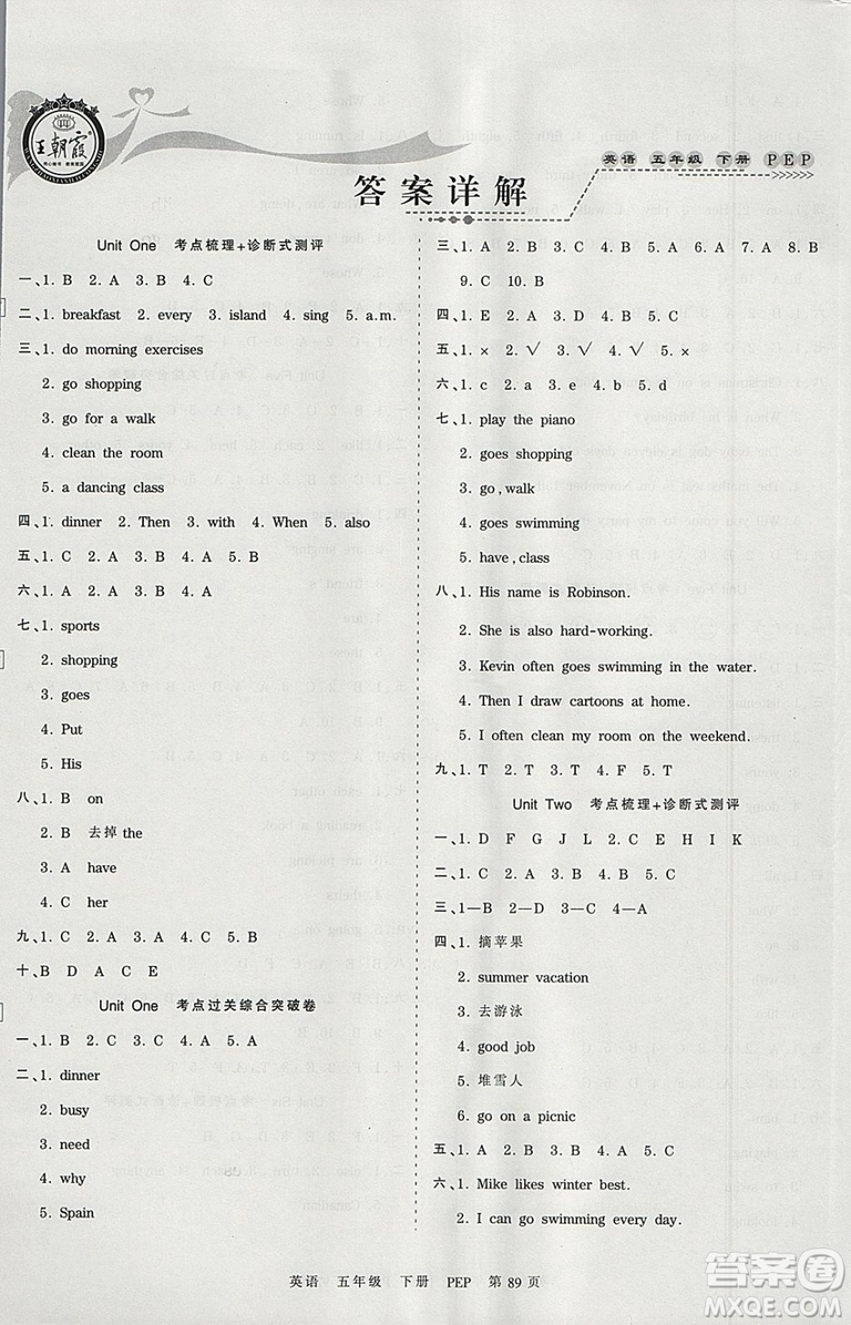 2019年王朝霞考點梳理時習(xí)卷五年級英語下冊人教PEP版參考答案