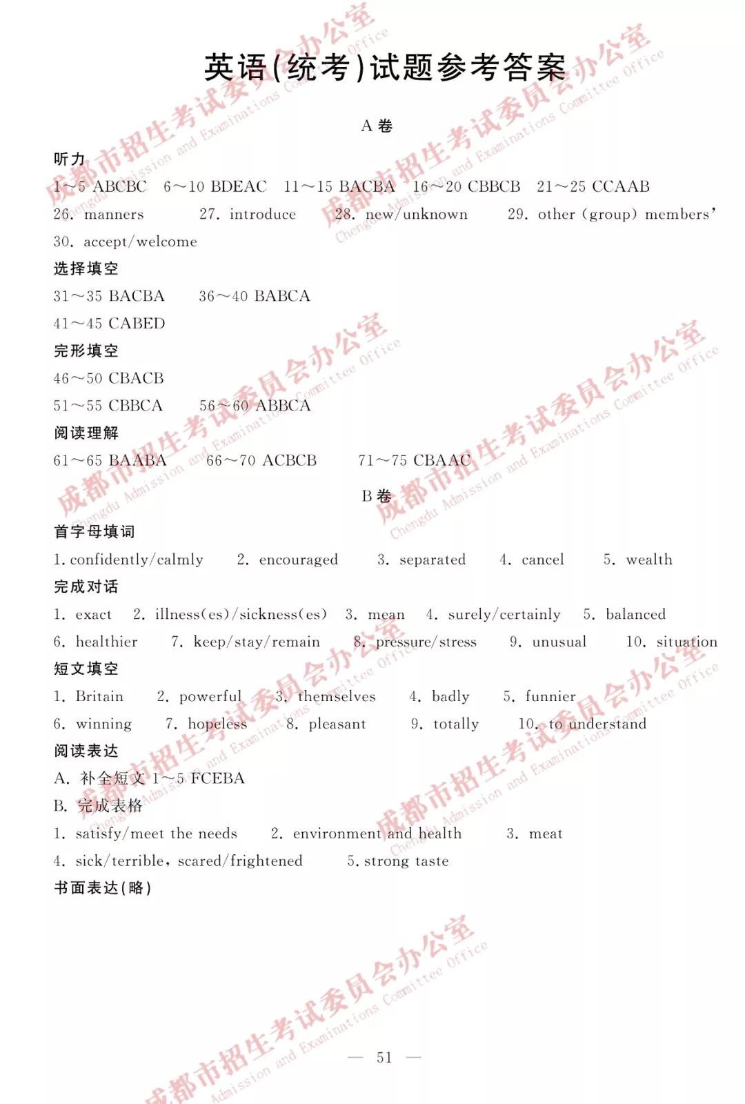 2019年成都中考真題英語試卷及答案