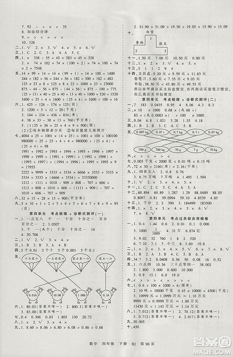 2019年王朝霞考點梳理時習(xí)卷四年級數(shù)學(xué)下冊人教版參考答案