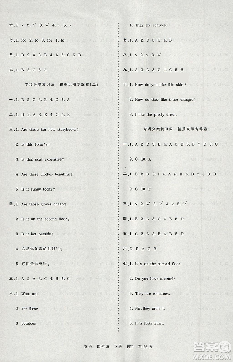 2019年王朝霞考點(diǎn)梳理時習(xí)卷四年級英語下冊人教PEP版參考答案