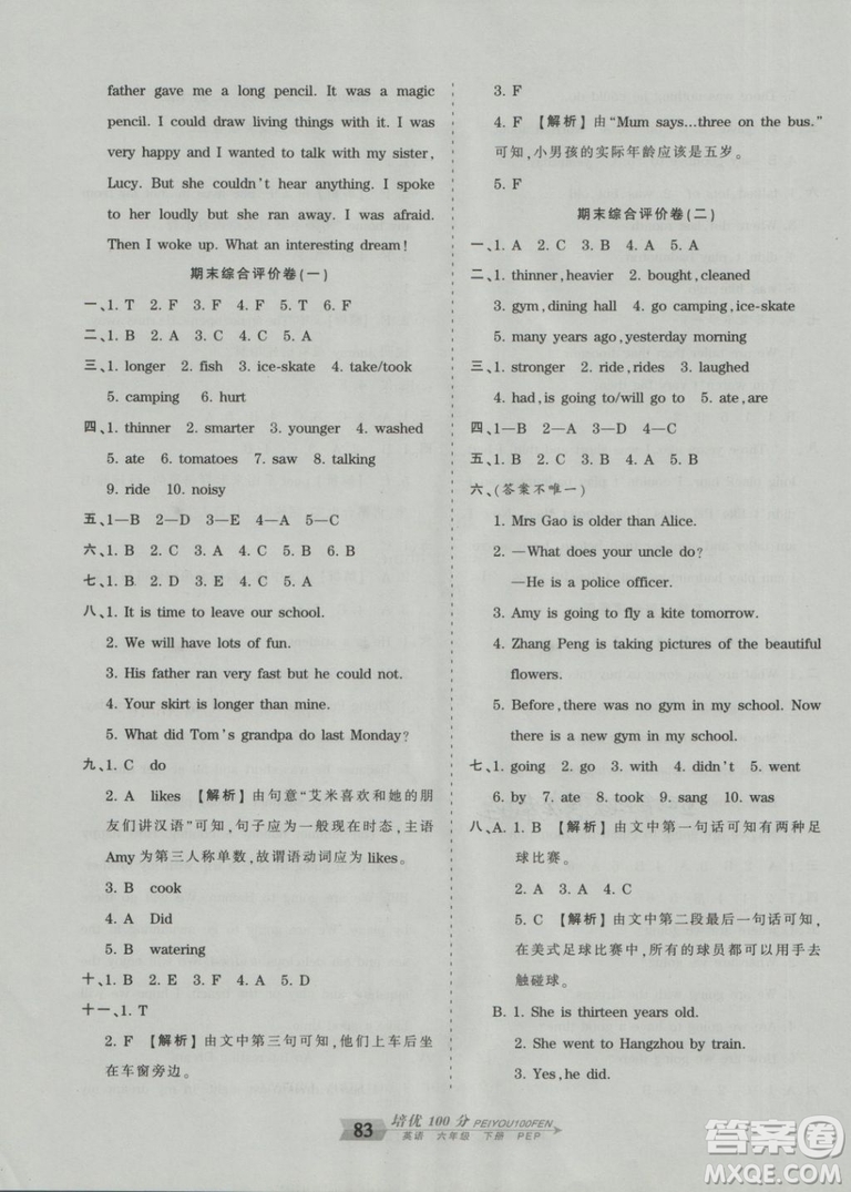 2019年王朝霞培優(yōu)100分六年級(jí)英語下冊人教PEP版參考答案