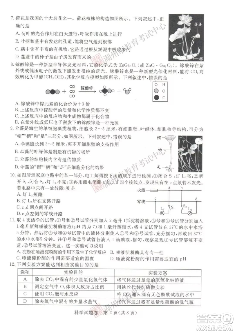 2019年浙江湖州中考真題科學試卷及答案