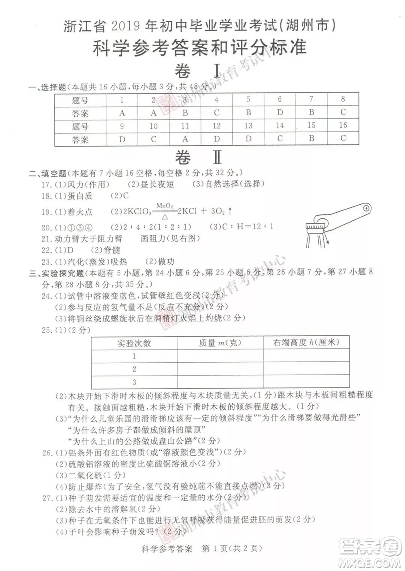 2019年浙江湖州中考真題科學試卷及答案
