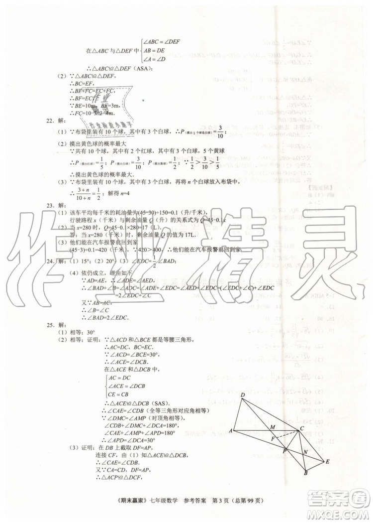 期末贏家2019年七年級數(shù)學下冊濟南地區(qū)專用參考答案
