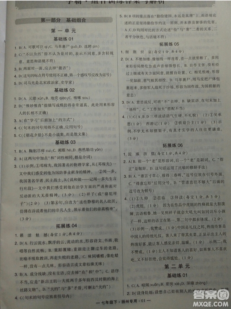 經(jīng)綸學典2019年學霸題中題組合訓練語文七年級下冊揚州專用參考答案