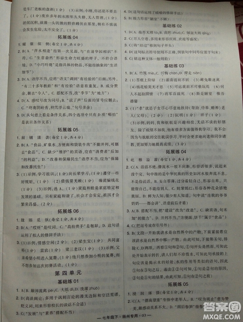 經(jīng)綸學典2019年學霸題中題組合訓練語文七年級下冊揚州專用參考答案