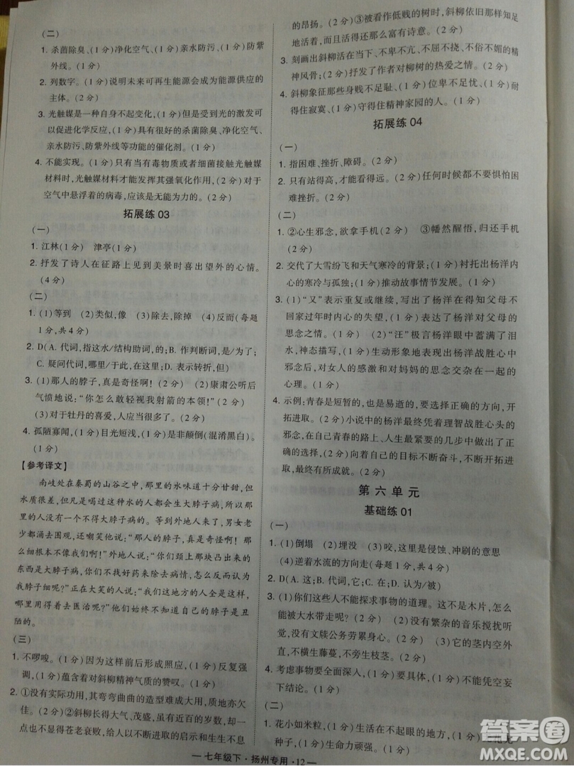 經(jīng)綸學典2019年學霸題中題組合訓練語文七年級下冊揚州專用參考答案