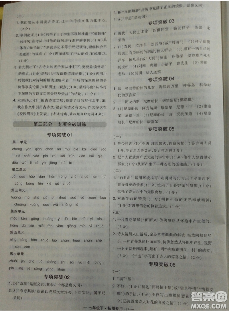 經(jīng)綸學典2019年學霸題中題組合訓練語文七年級下冊揚州專用參考答案