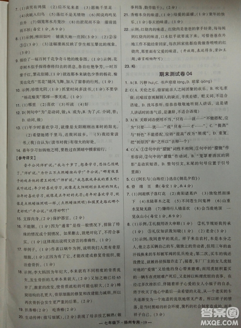 經(jīng)綸學典2019年學霸題中題組合訓練語文七年級下冊揚州專用參考答案