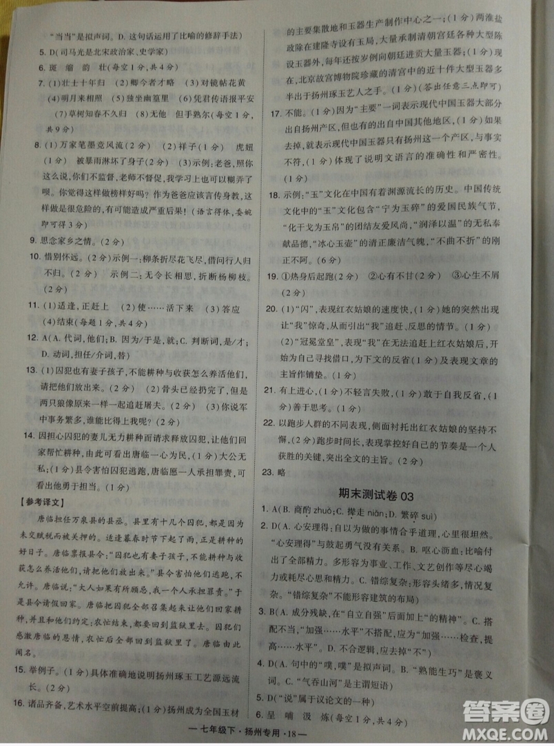 經(jīng)綸學典2019年學霸題中題組合訓練語文七年級下冊揚州專用參考答案
