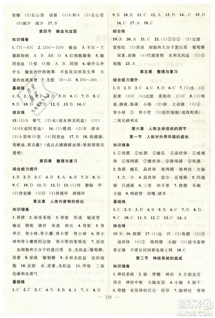 2019年萬羽文化名師學(xué)案七年級(jí)下冊(cè)生物人教版參考答案