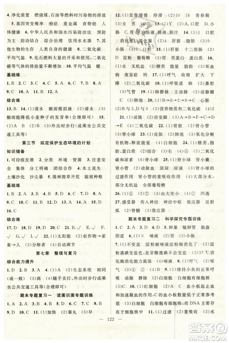 2019年萬羽文化名師學(xué)案七年級(jí)下冊(cè)生物人教版參考答案