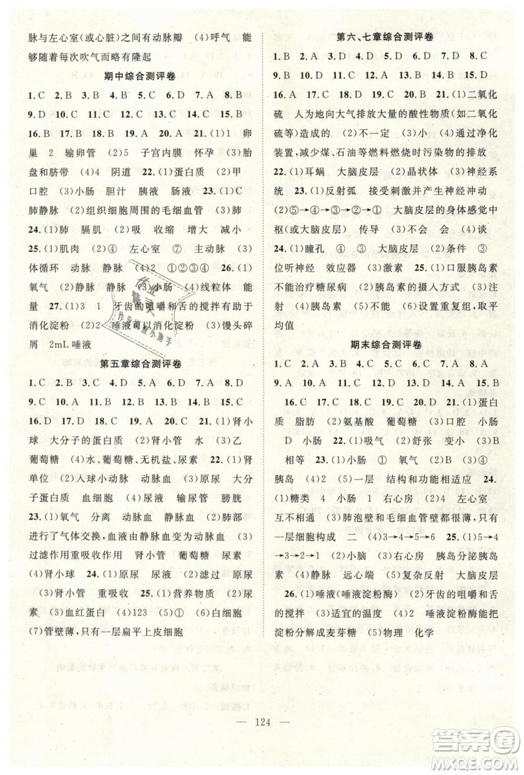 2019年萬羽文化名師學(xué)案七年級(jí)下冊(cè)生物人教版參考答案