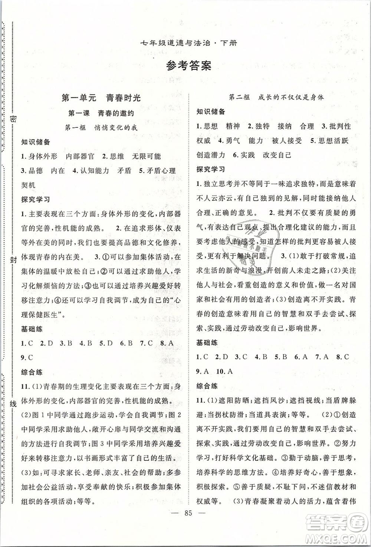 2019年萬羽文化名師學(xué)案七年級下冊道德與法治人教版參考答案
