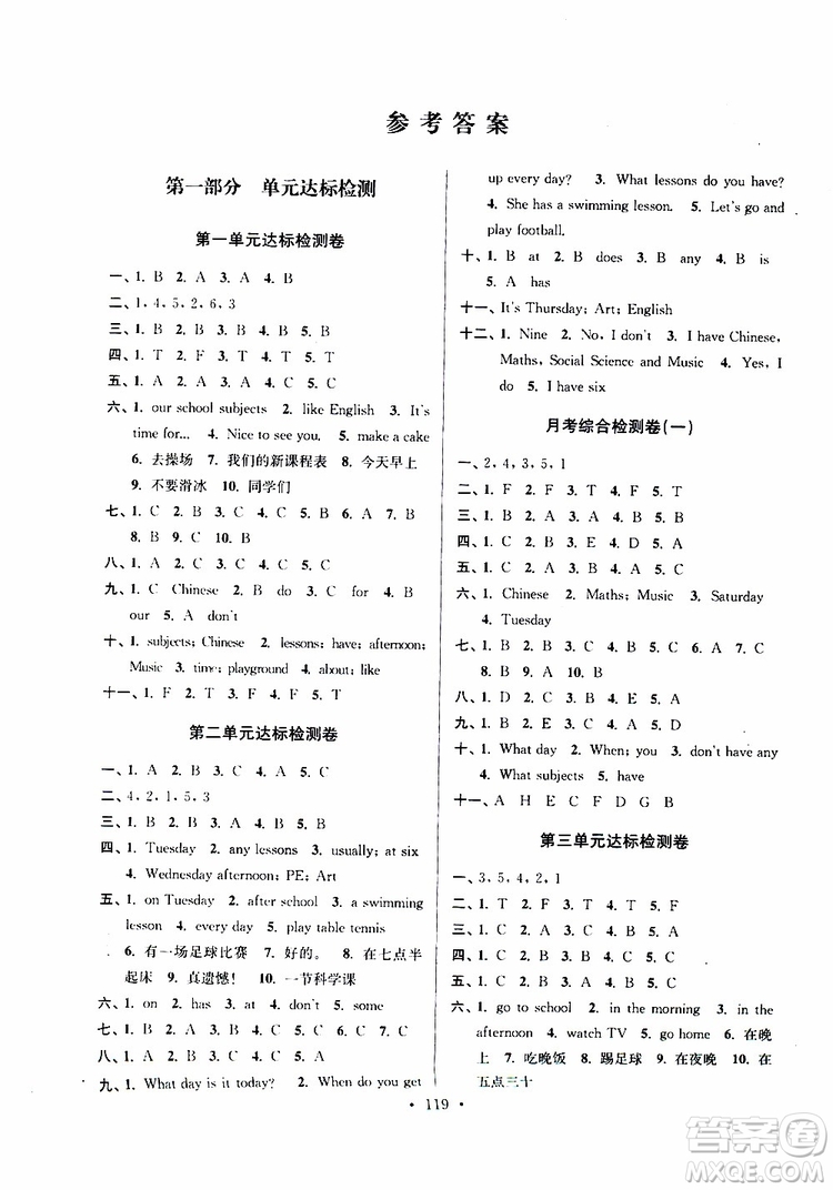 2019年江蘇好卷四年級(jí)下冊(cè)英語(yǔ)譯林版參考答案