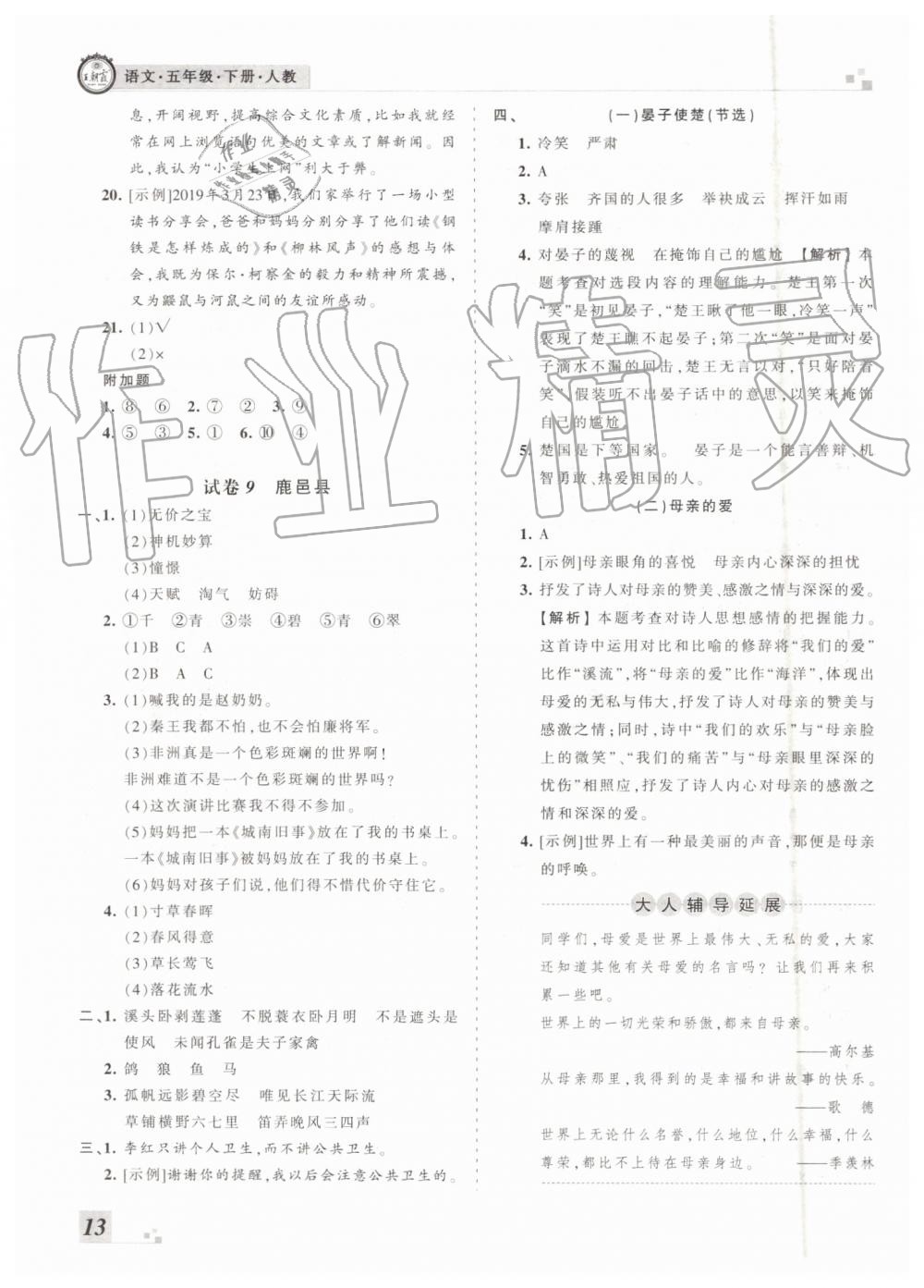 河南專版2019年人教版王朝霞各地期末試卷精選五年級語文下冊答案